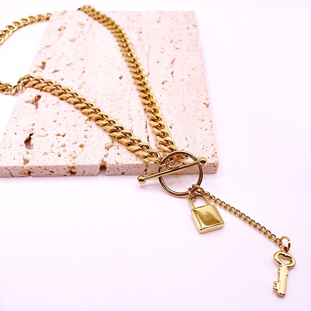 Stainless Steel Lock Pendant Necklace •18K Gold Plated•